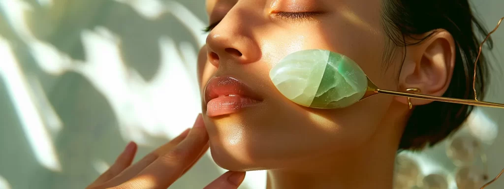 a person gently massaging their face with a jade roller, promoting circulation and skin firmness.
