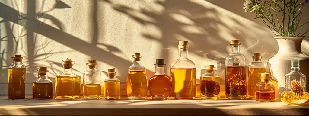a radiant assortment of natural oils, including rosehip, argan, jojoba, and evening primrose, gleam in glass bottles on a sunlit shelf.