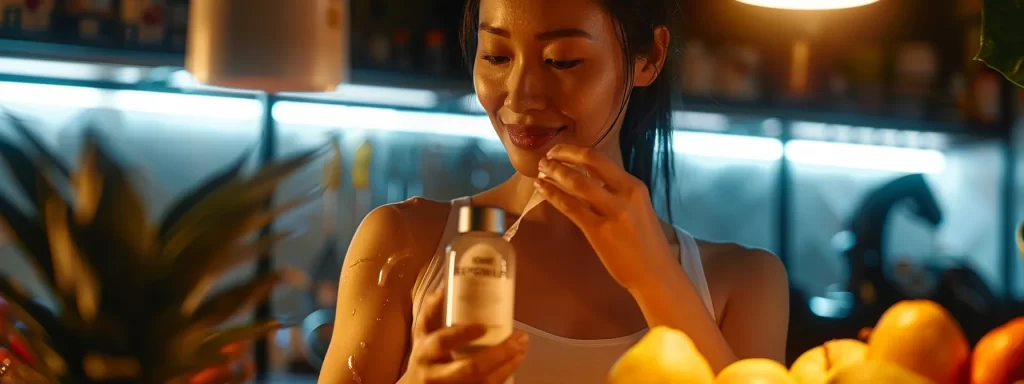 a radiant woman applying natural skin tightening cream while surrounded by vibrant fruits and exercise equipment.