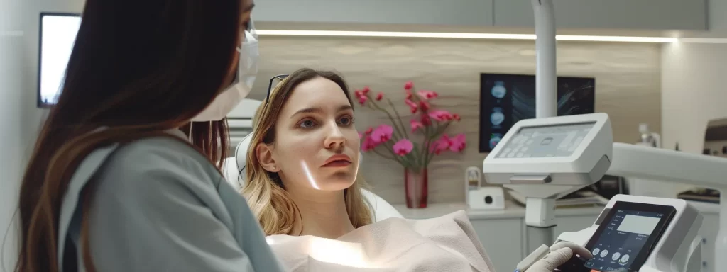 a serene clinic room with a patient receiving a consultation from a certified practitioner for an ultrasound neck rejuvenation procedure.