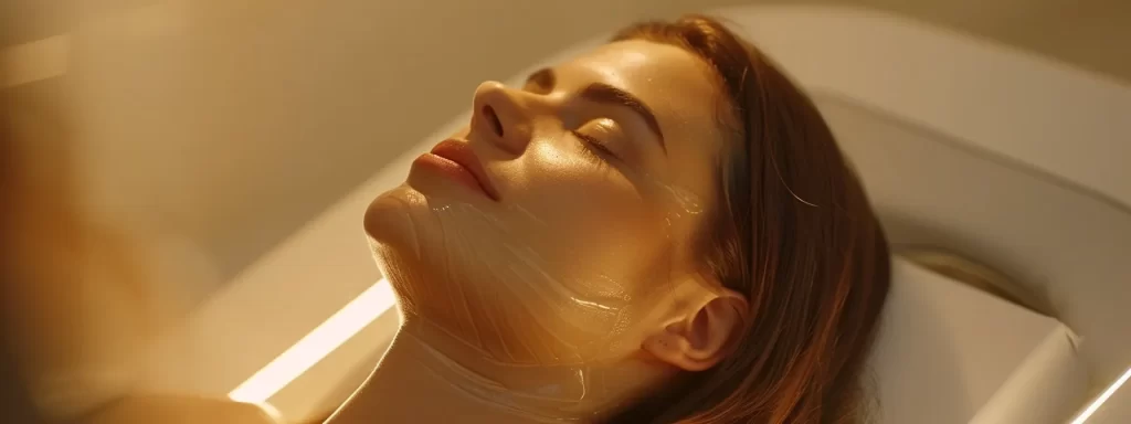a serene image of a woman undergoing ultherapy treatment, with a focused ultrasound device emitting gentle waves to her skin, creating a sense of rejuvenation and skin tightening.