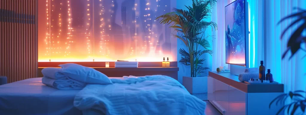 a serene spa room with a cozy bed and soothing essential oils, where a patient consults with a practitioner before an ultherapy procedure.