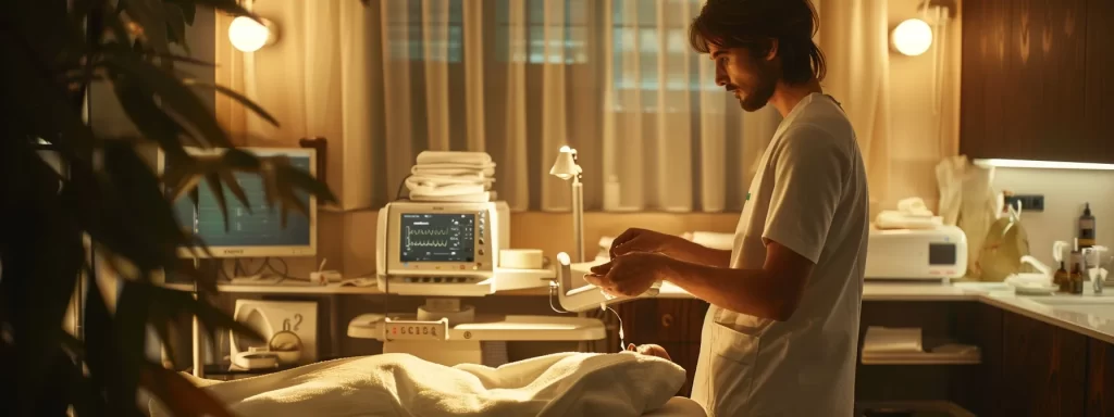 a serene spa room with a skilled practitioner preparing ultrasound equipment for an ultherapy session, creating a peaceful and professional atmosphere for the treatment.