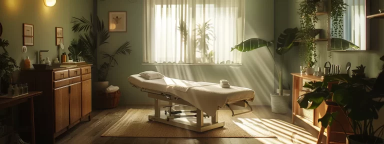a serene treatment room bathed in soft light, with a comfortable treatment table and soothing decor elements, ready for an ultherapy session.
