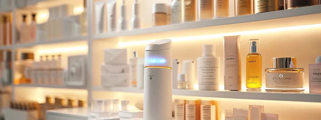 a sleek radio frequency device emitting gentle waves, contrasted with a shelf full of various neck tightening creams in luxurious packaging.