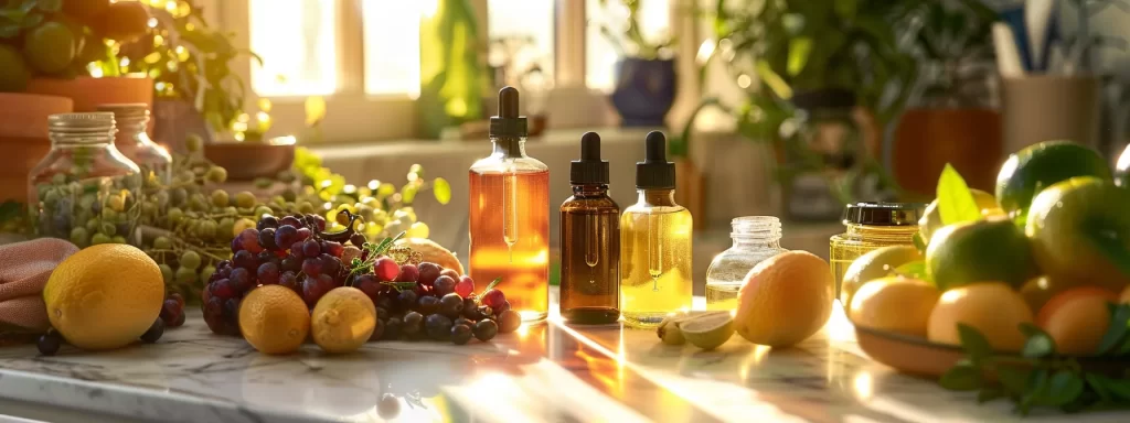a vibrant assortment of natural oils displayed on a sunlit vanity counter, surrounded by fresh fruits and a glass of water, promoting a holistic skincare routine for improving skin elasticity.