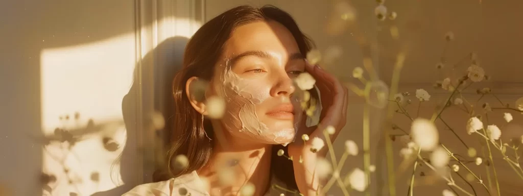 a woman applying a homemade skin tightening mask, with a creamy mixture of natural ingredients giving her a radiant glow.