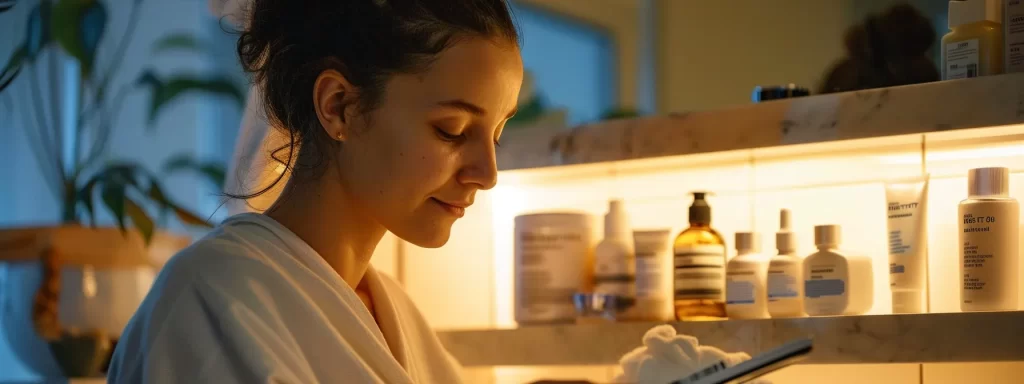 a woman carefully examining skincare product labels with ingredients like citronellol and benzyl alcohol displayed on a bathroom counter.
