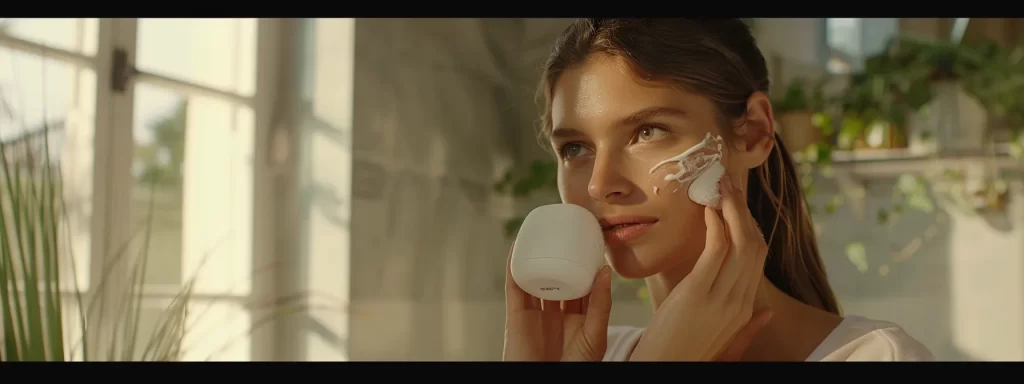 a woman gently massaging her face with a cleansing brush before using a skin tightening device to enhance product absorption and optimize results.