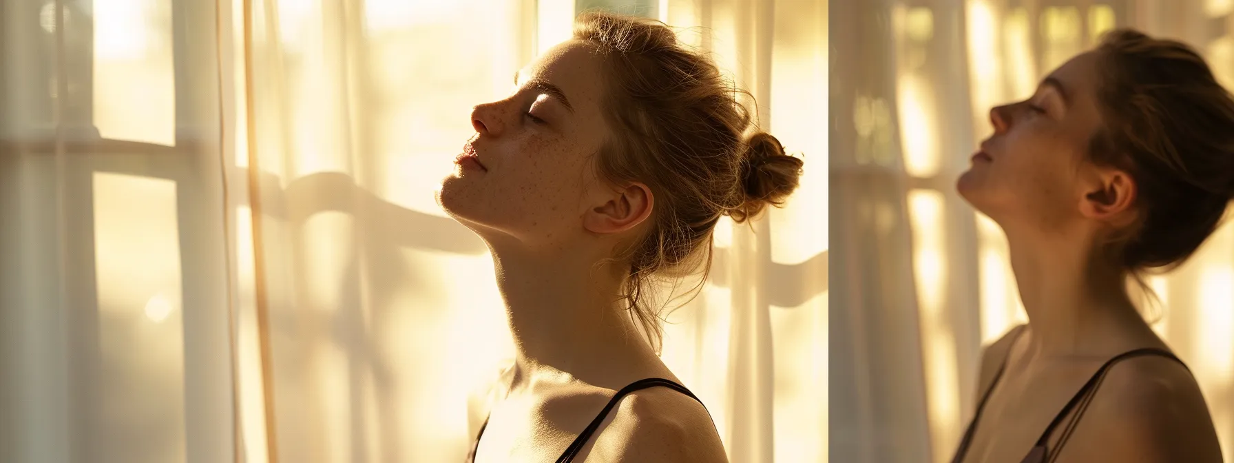 a woman gracefully performing neck tightening exercises in a serene, sunlit room.