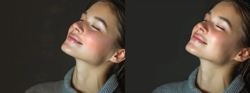 a woman receiving a radiofrequency neck tightening treatment with a confident smile, showcasing noticeable improvements in her skin texture and firmness.