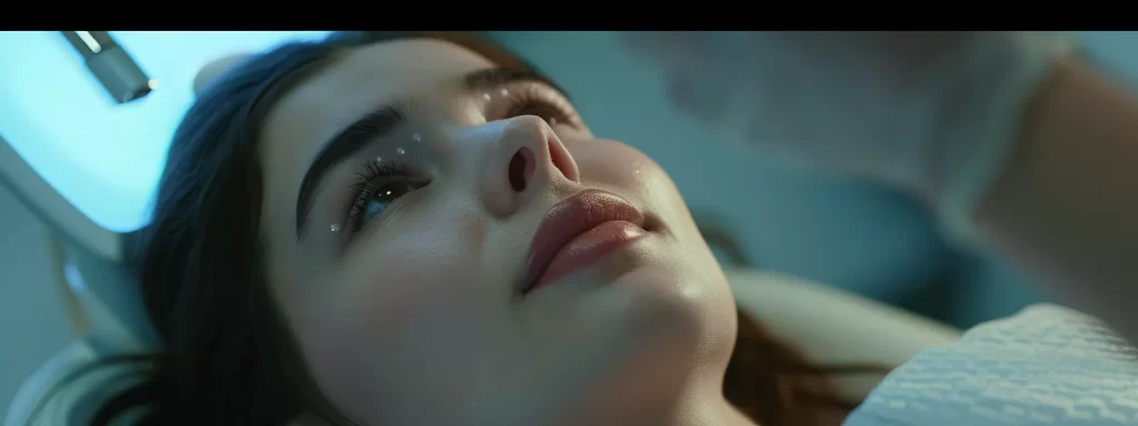 a woman with a serene expression, receiving ultherapy treatment on her lips, while a provider attentively monitors for any signs of discomfort or swelling.