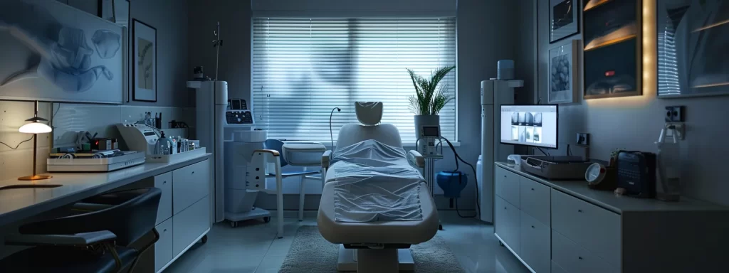 an aesthetic clinic room with a sophisticated ultrasound machine gently tightening a patient's skin, showcasing the non-invasive beauty of ultherapy technology.