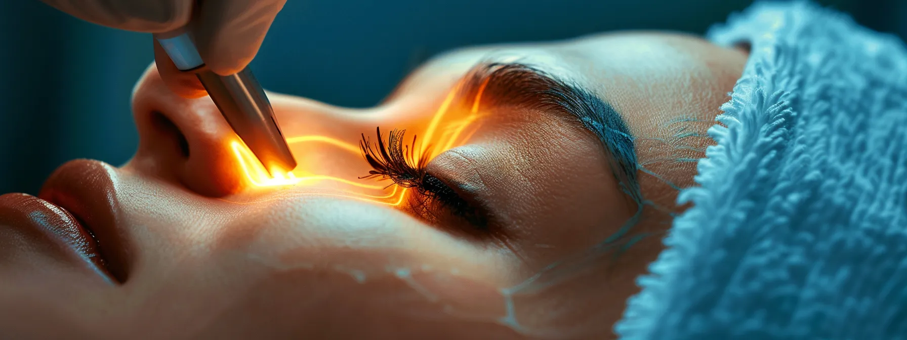 a captivating close-up of a woman's eye being rejuvenated by a futuristic laser therapy treatment.