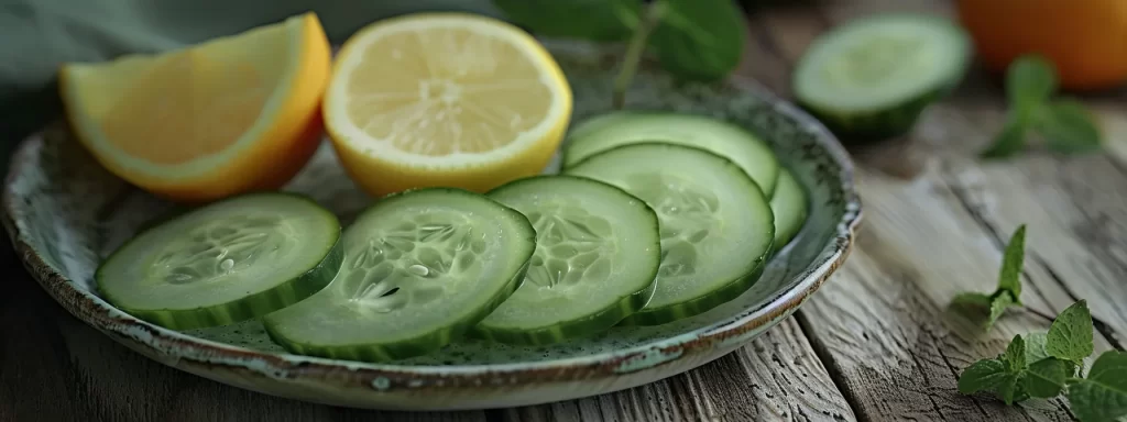 a close-up photo of a ripe citrus fruit and freshly sliced cucumber, showcasing natural remedies for maintaining skin elasticity and combating signs of aging.