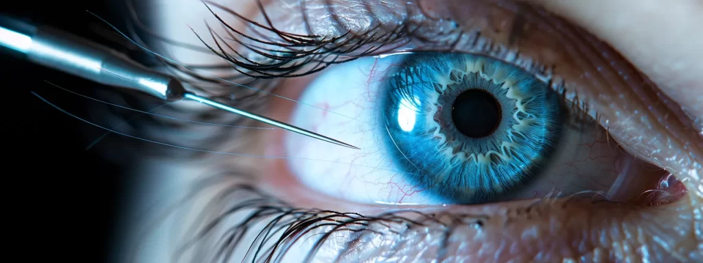 a close-up shot of a precision cannula gently lifting delicate threads into place during a pdo thread lift procedure, showcasing the meticulous process of rejuvenating the eyes.