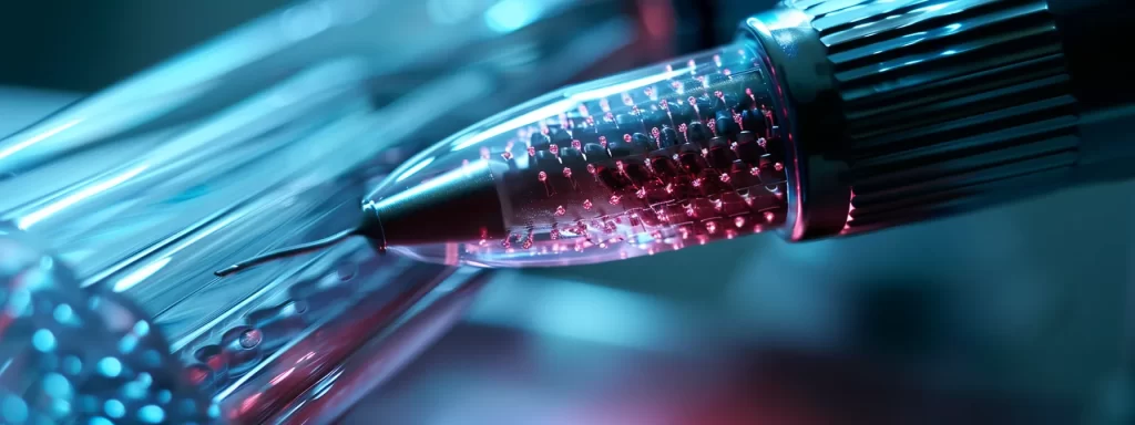 a close-up shot of a futuristic microneedling device gliding smoothly over the skin, creating tiny, precise punctures for advanced skin tightening treatment.