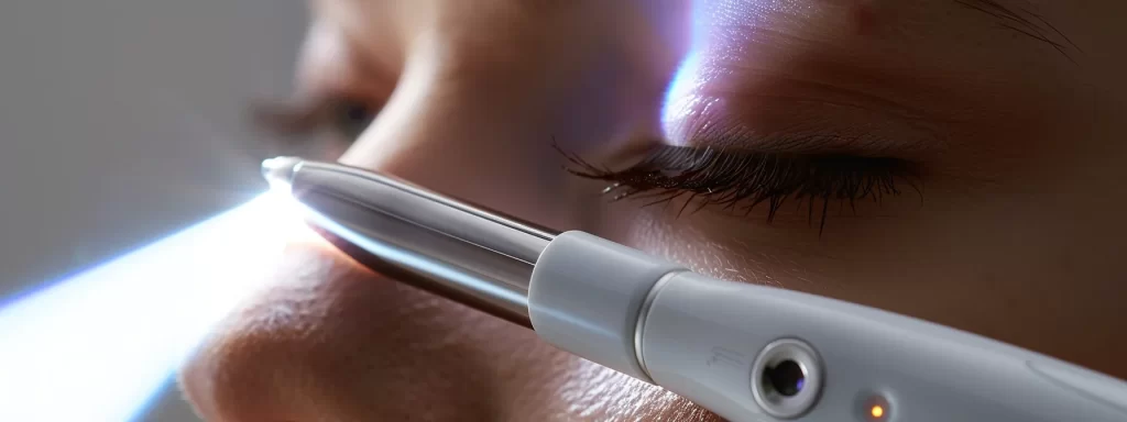 a close-up photo of a plasma pen gently rejuvenating the skin around the eyelids, showcasing a safe and effective eyelid tightening procedure.