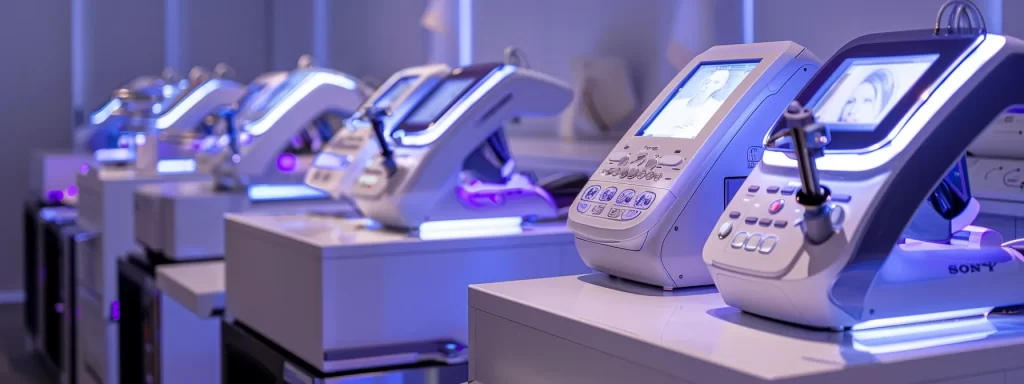a close-up shot of a diverse array of laser skin treatment machines, with varying intensities and settings, in a modern skincare clinic setting.