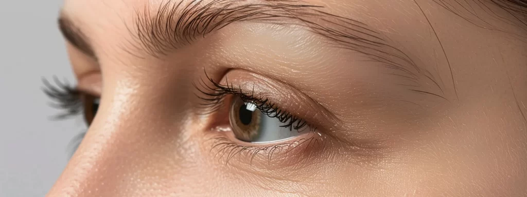 a close-up image of a woman's eye with delicate crow's feet, showcasing the fine lines forming around the eye contours due to aging and skin elasticity.