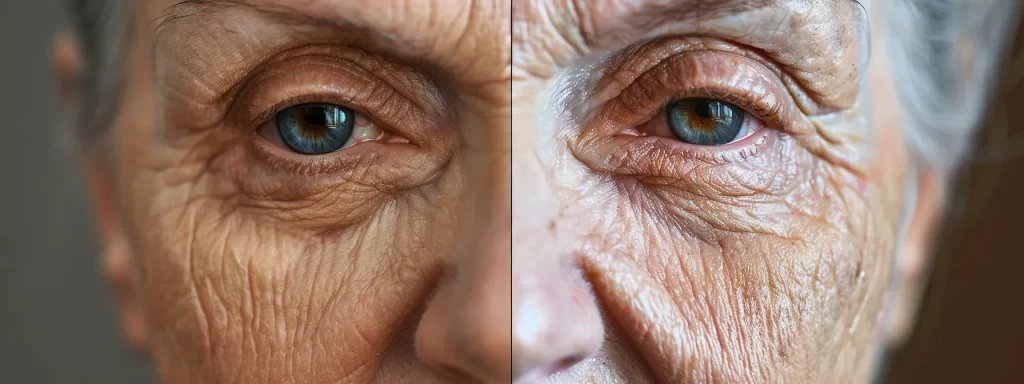 a close-up photo of aging skin showing fine lines, uneven texture, and pigmentation changes, highlighting the effects of collagen and elastin reduction.