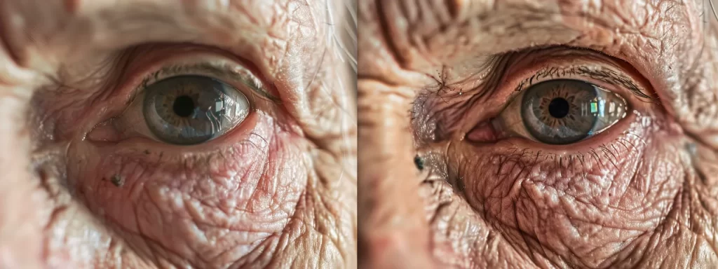 a close-up photo of tired, puffy eyes with dark circles, showcasing the visible signs of under-eye bags caused by aging and lifestyle factors.