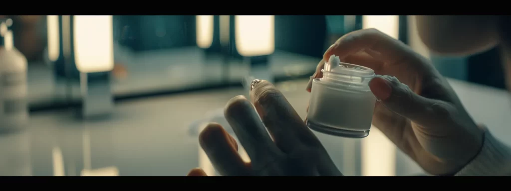 a close-up photo of a hand gently applying soothing cream to the treated area, with a focused and attentive expression, demonstrating post-treatment vigilance in managing side effects of plasma pen therapy.