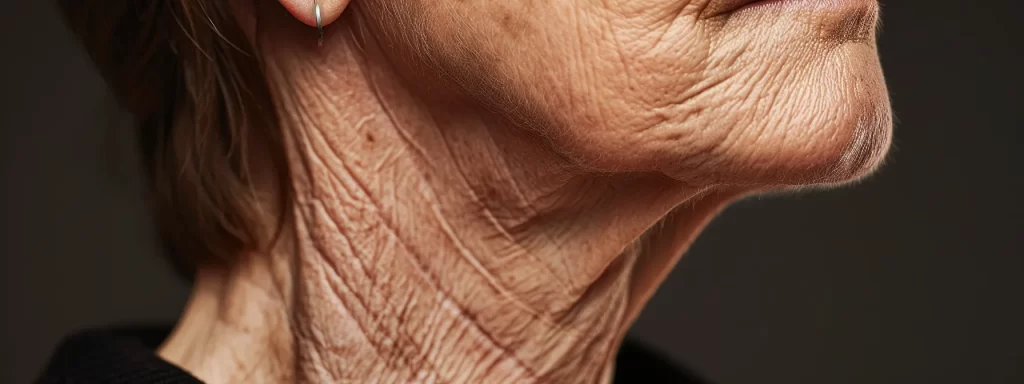 a close-up shot of a woman's neck, showing visible skin laxity and sagging, with wrinkles and lines, highlighting the effects of aging and external factors.