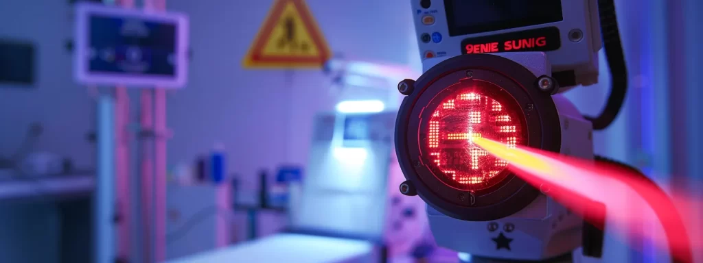 a close-up shot of a skin tightening laser treatment machine emitting a powerful beam with a warning sign for potential risks.