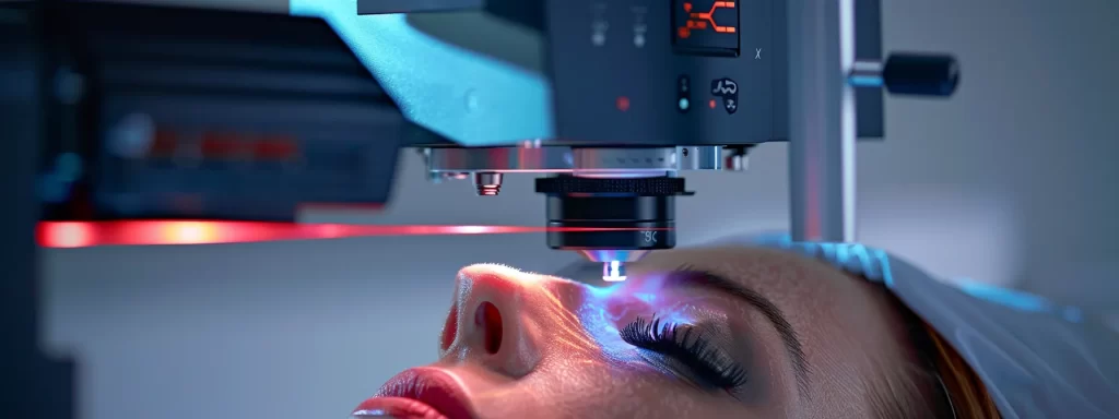 a close-up shot of a laser machine emitting a powerful beam onto a woman's skin, showcasing the advanced technology of skin tightening treatments.
