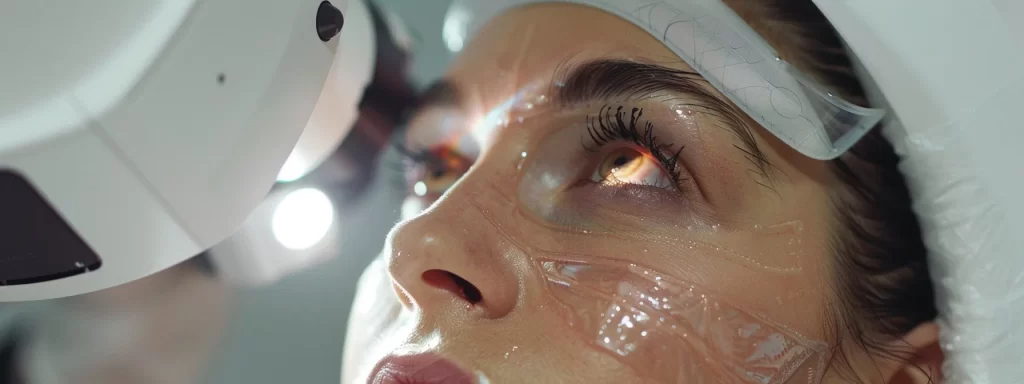 a close-up of a patient receiving laser eye rejuvenation treatment, with soothing ice packs placed around their eyes and delicate blood vessels being carefully managed by the medical staff.