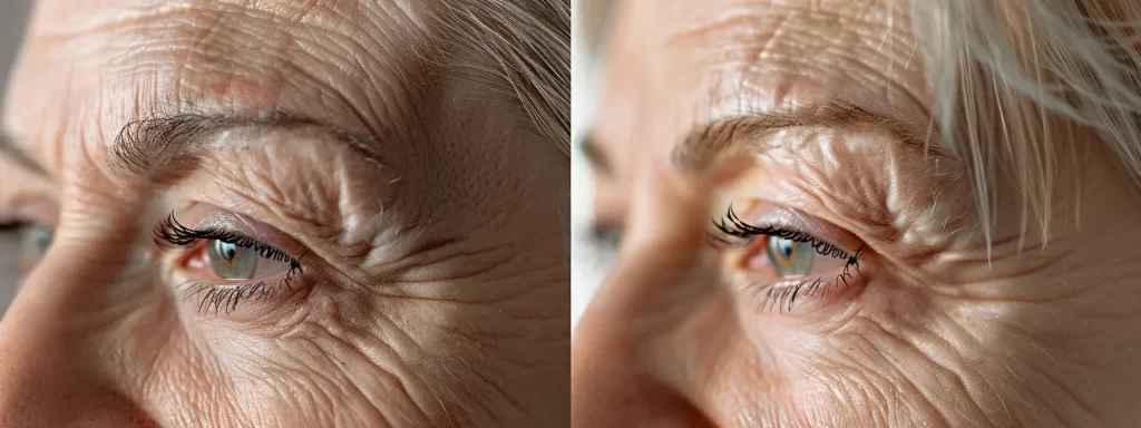 a close-up photo of a woman's tired eyes with deep under eye wrinkles, showcasing the effects of aging, environmental factors, and genetics on skin.