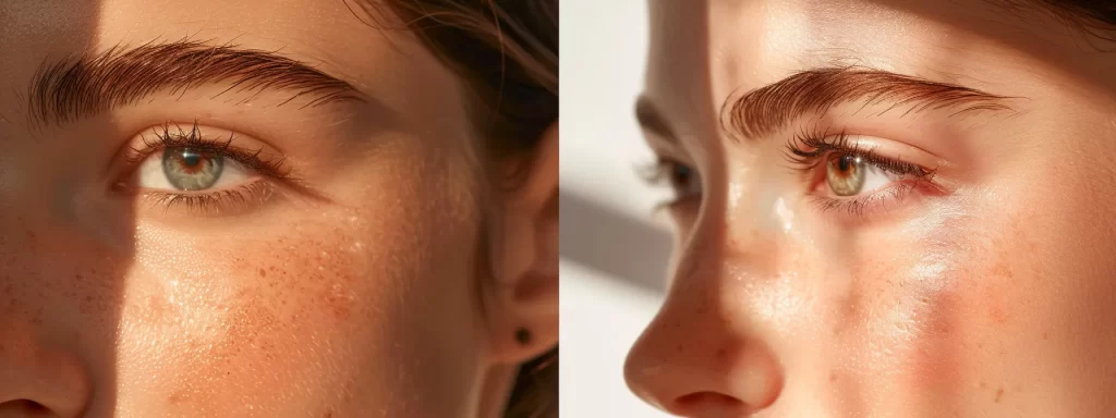 a close-up shot of a woman's under-eye area with different treatment options like chemical peels, laser therapy, and dermal fillers displayed for comparison.