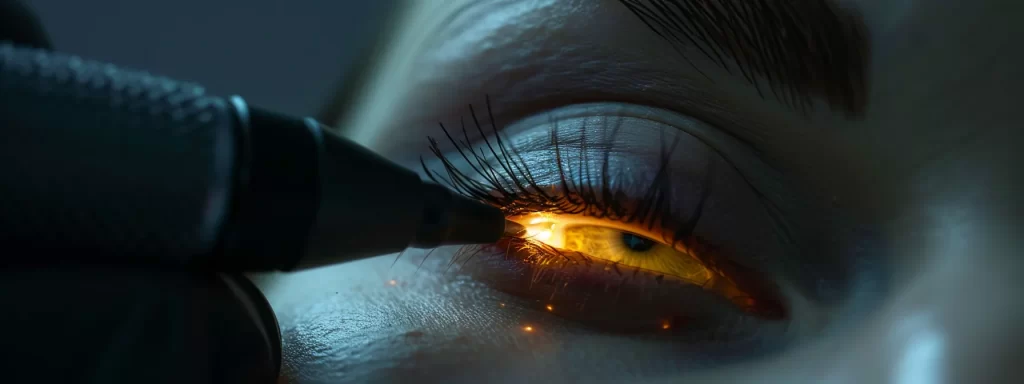 a close-up view of a glowing plasma pen gently tightening the delicate skin of the eyelids, showcasing the advanced non-surgical approach to skin rejuvenation.