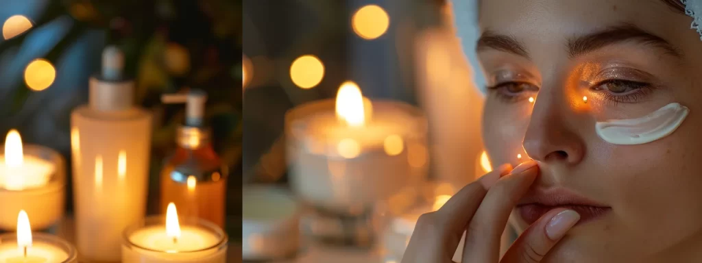 a close-up photo of a woman applying a luxurious eye cream, with a soft focus background of skincare products and soothing candles, creating a serene and rejuvenating atmosphere.