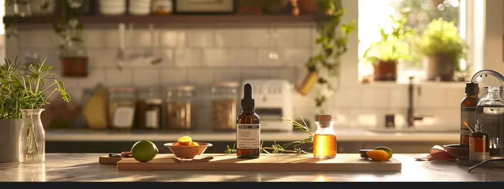 creating a luxurious face serum with essential oils and natural ingredients in a bright, airy kitchen setting.