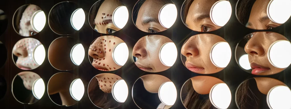 a diverse array of skin tones being examined under a bright, magnifying light for precise skin evaluation.