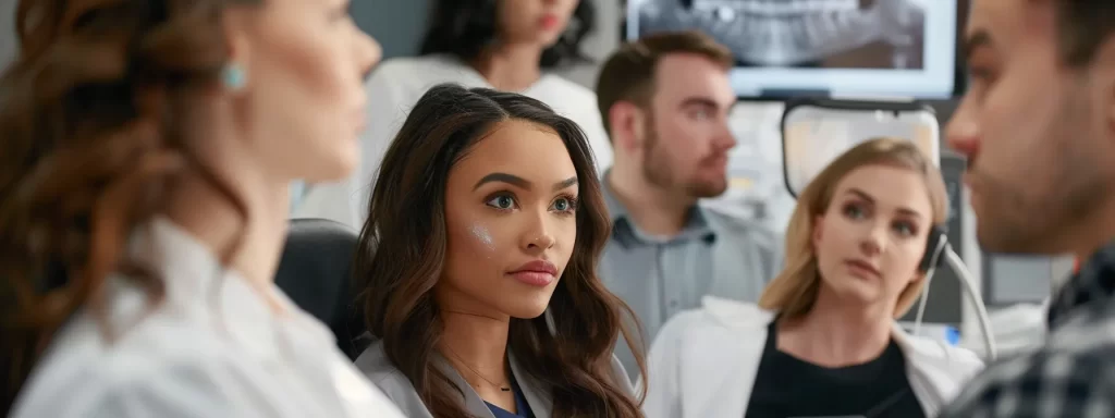a diverse group of people listening intently while a professional demonstrates the process of laser skin tightening on a model's face in a modern clinic setting.