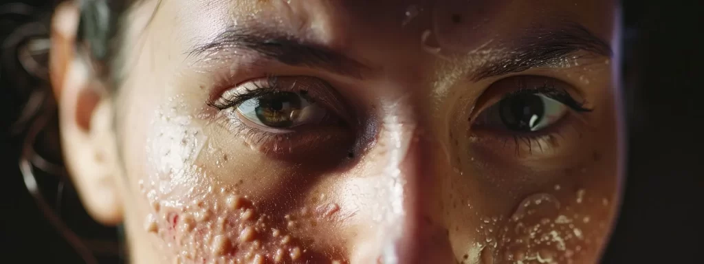 a focused close-up of a person's face showing signs of blistering and scarring, highlighting the potential rare but serious side effects of laser skin tightening.