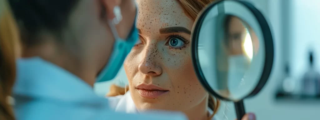 a focused close-up of a dermatologist examining a patient's skin with a magnifying glass during a consultation for laser rejuvenation.