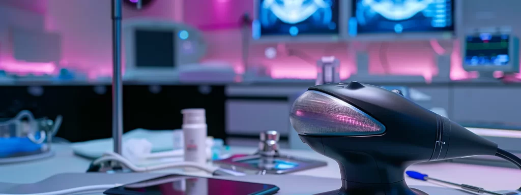 a focused ultrasound device gently targeting under-eye bags, contrasting with surgical instruments and topical creams in the background.