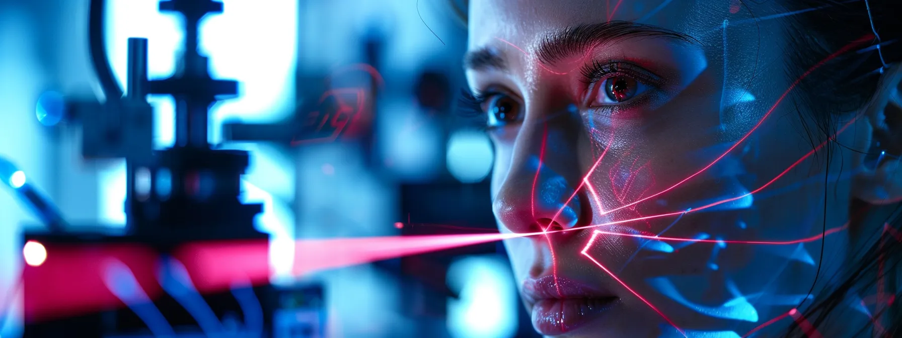 a futuristic laser machine emitting precise beams on a woman's face, contrasting with traditional tools in the background.