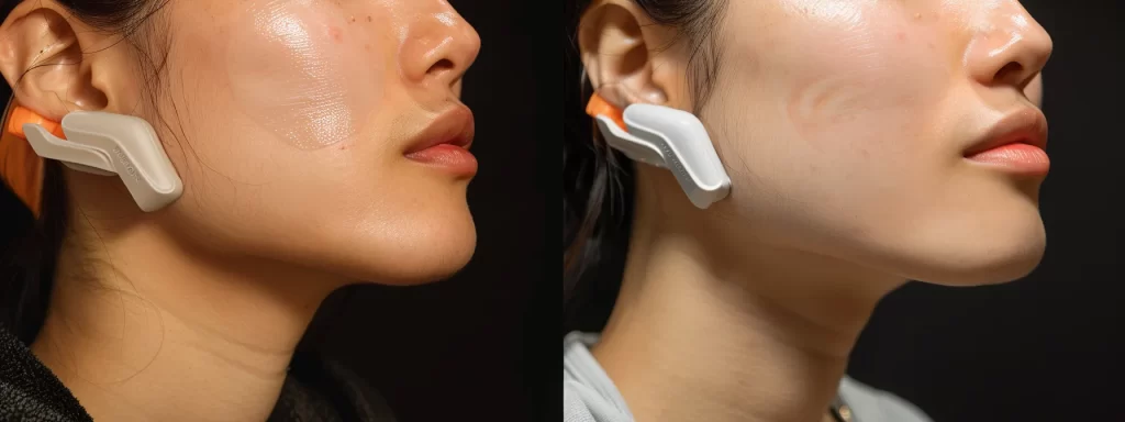 a patient comfortably receiving ultrasound skin tightening treatment on their chin to target under-eye bags and marionette lines.