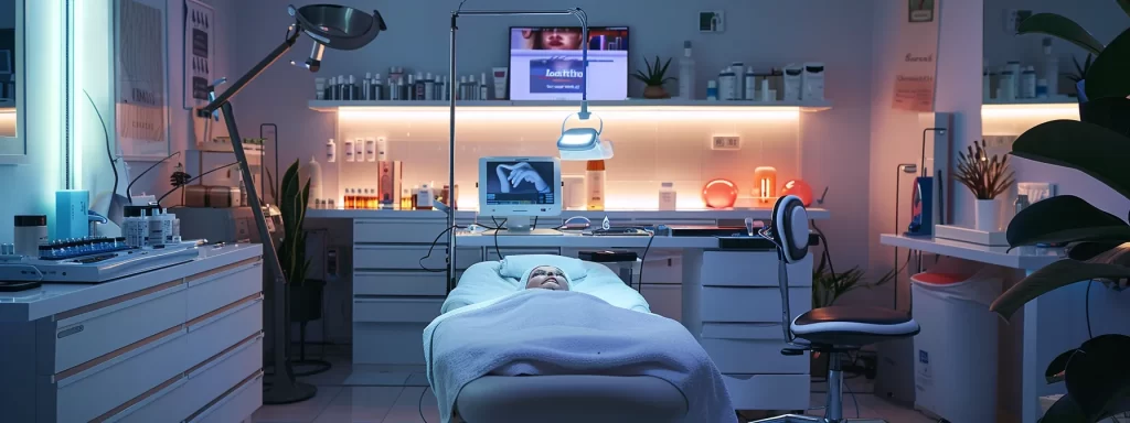 a patient receiving laser skin tightening treatment, surrounded by post-treatment skincare products and scheduling follow-up sessions for optimal results.