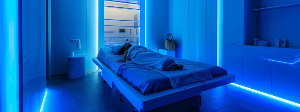 a patient reclining comfortably on a treatment bed with soothing blue light illuminating the serene room during a radiofrequency eye contour rejuvenation session.