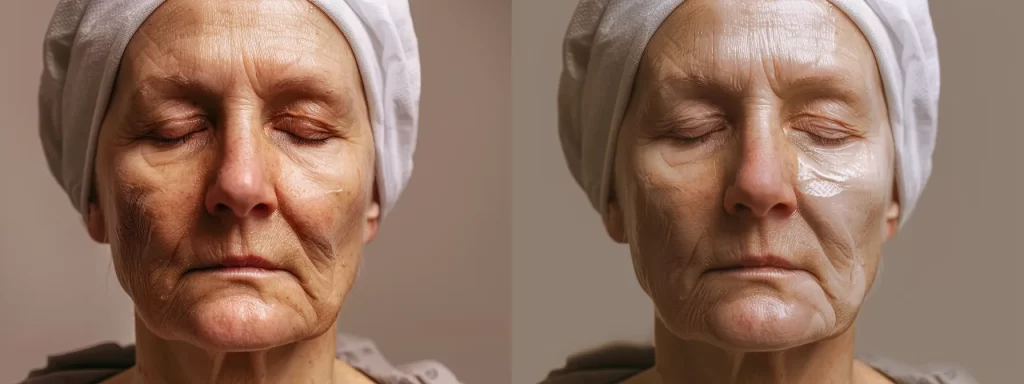 a patient's face showing gradual improvement from days 2 to 14 after laser skin tightening treatment.