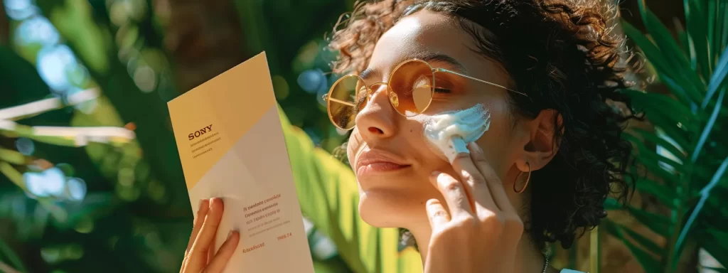 a person applying sunscreen to their face, while holding a brochure about post-treatment care for sustained skin health.