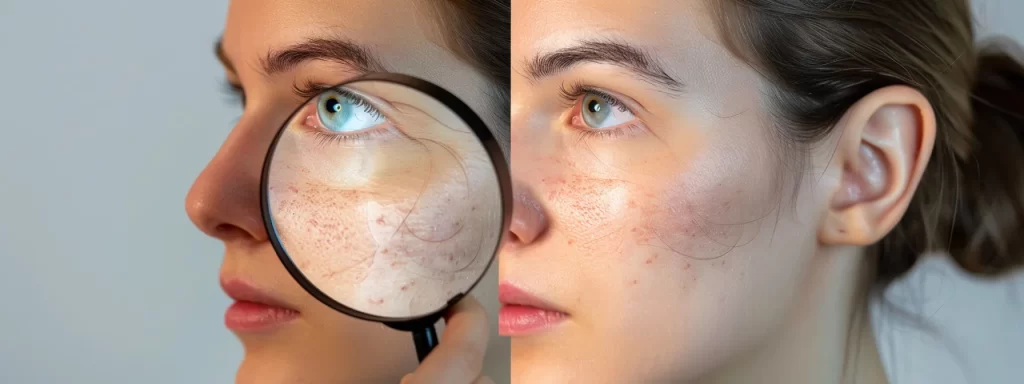 a person carefully examining before-and-after photos with a magnifying glass to select a qualified practitioner for non-surgical jawline enhancement.