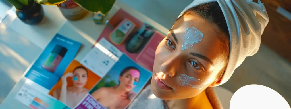 a person comparing different skin resurfacing techniques, with colorful brochures spread out on a modern, sleek table.