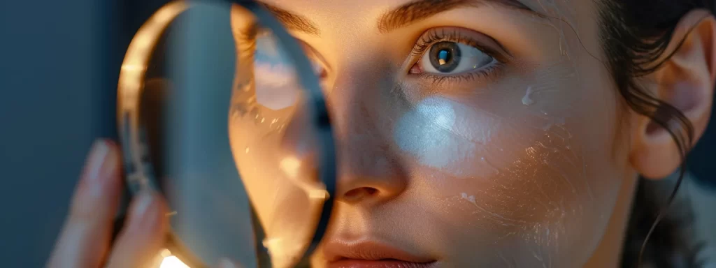 a person diligently monitoring their skin post-laser skin tightening, with a focused expression and magnifying glass in hand, inspecting for any signs of complications.